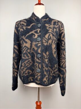 Vintage‎ Venesha Angora Cardigan Women S Black Brown Abstract Shoulder Pads